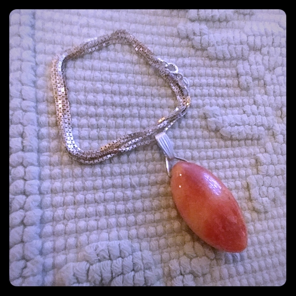 Salmon Colored Stone & Sterling 24" Long Necklace
